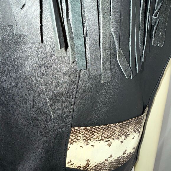 Vintage Black Leather Fringe Western Vest Snakeskin Inlay | USA Made L - Picture 13 of 16